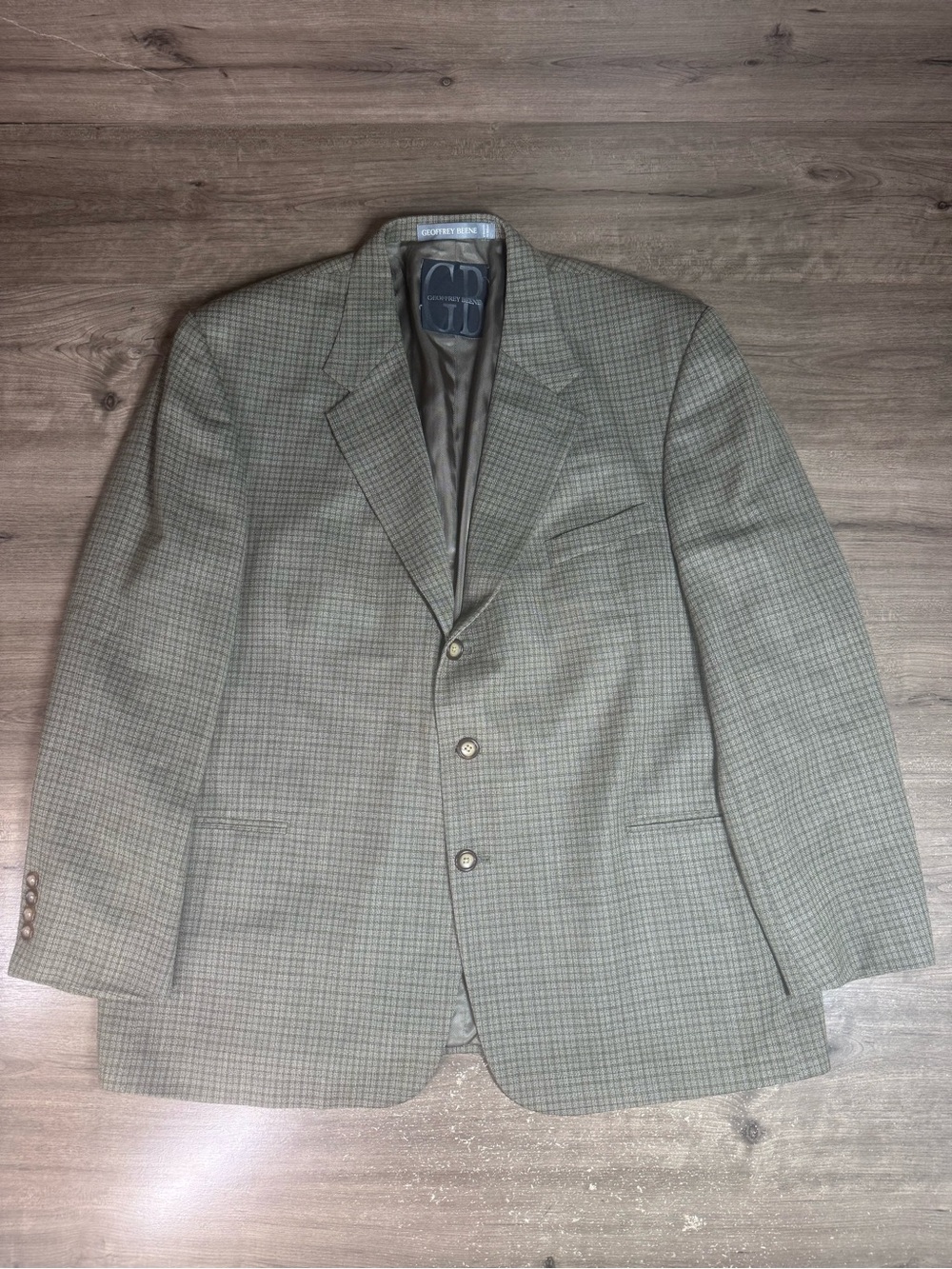 Geoffrey Beene Mens Wool Blazer Olive Micro Check Sport Coat G031AX Vintage 46L